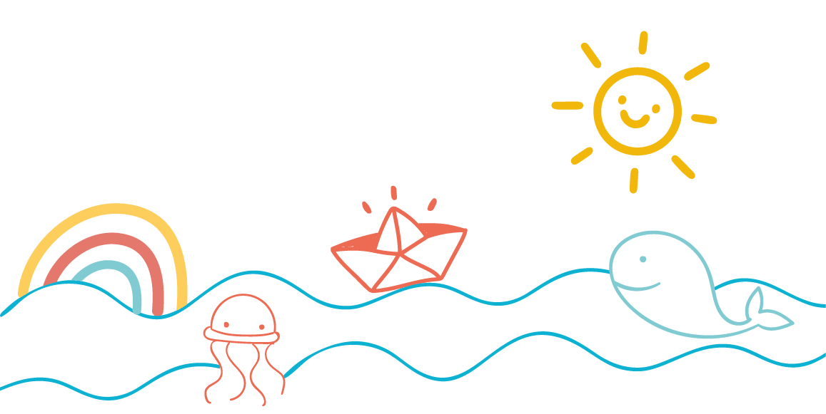 Ilustración mar con ballena, sol, barquito