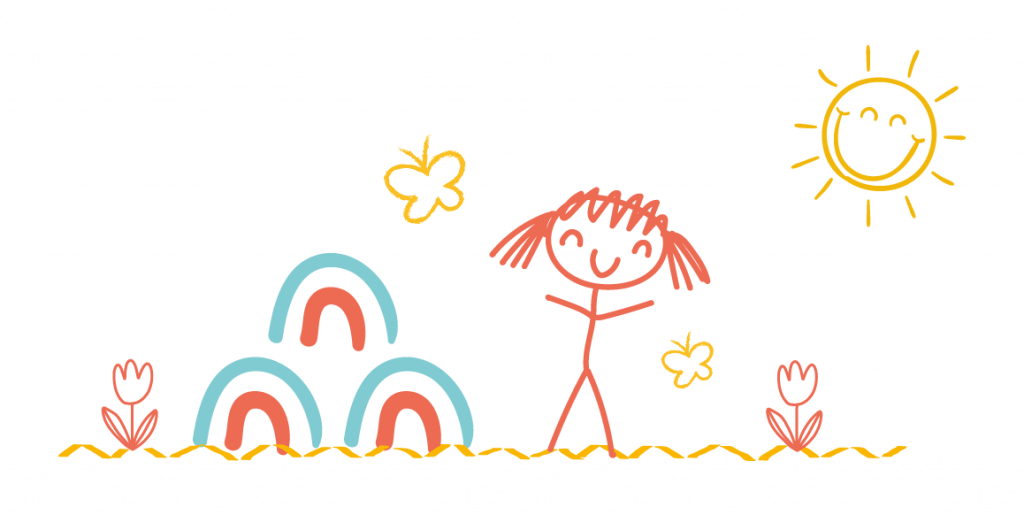 Ilustración niña, mariposa, sol, arcoiris y flor